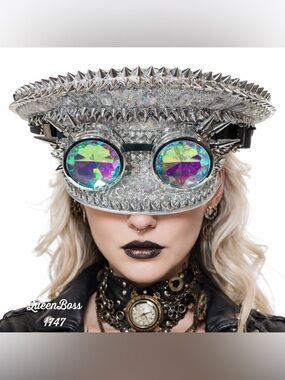 Steampunk Hat with Iridescent Goggles - Silver Spike Trim